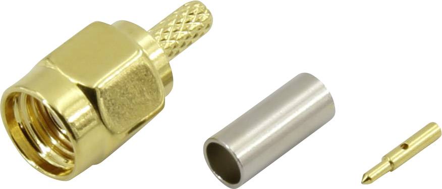 Třídílná sada kabelových konektorů: zlatá zásuvka, stříbrný válec a malý zlatý kolík, uspořádané lineárně.