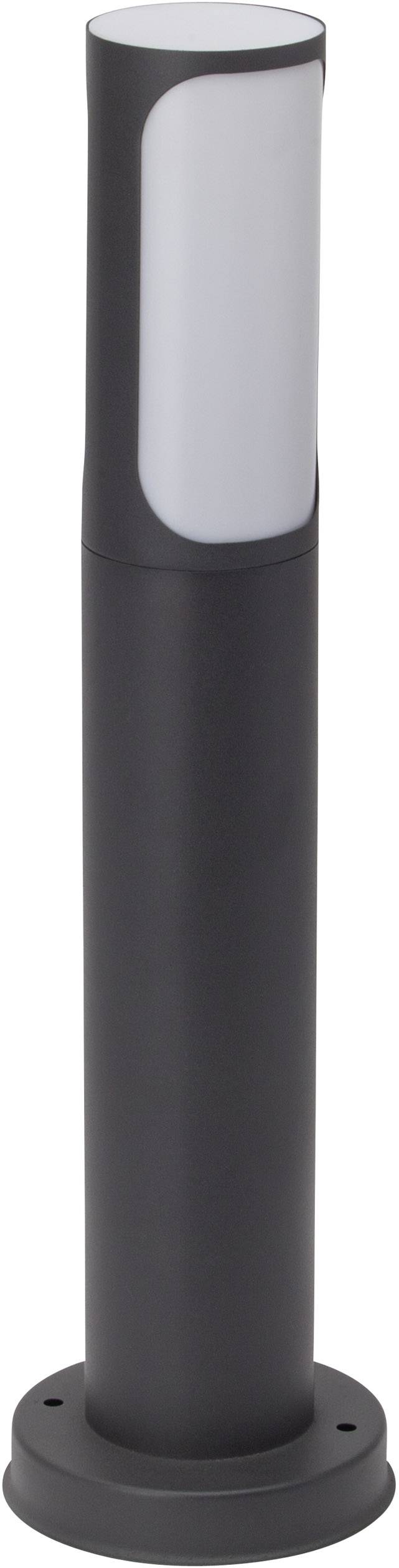 Černé válcovité venkovní svítidlo s bílým světelným panelem nahoře; stojí na kulaté základně. Ideální pro osvětlení zahrady.