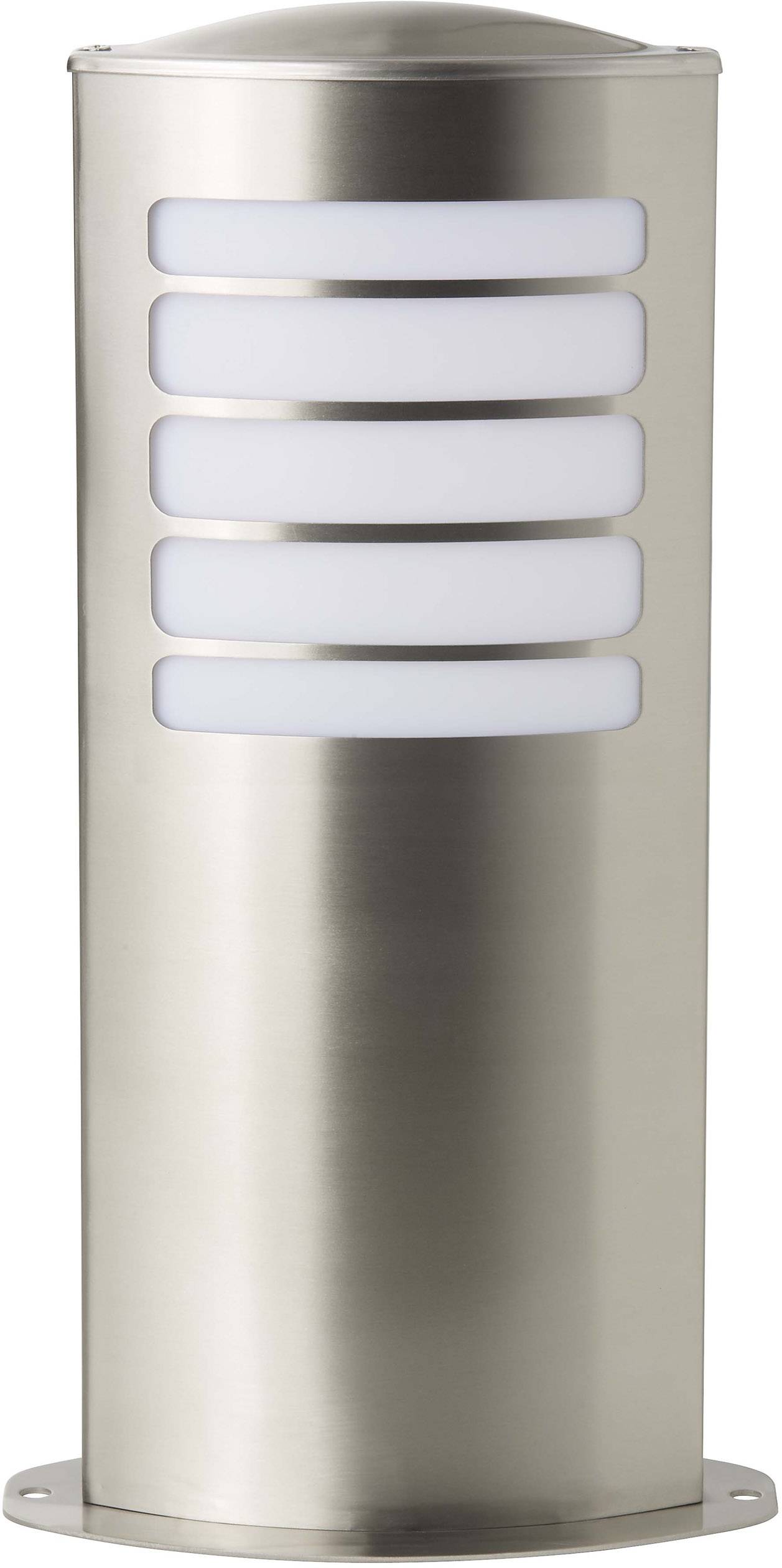 Nerezová venkovní svítidlo s válcovitým tvarem a horizontálními pruhy, vhodné pro použití v zahradě nebo na terase.