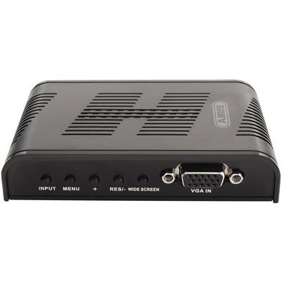 Černý DVD přehrávač s ovládacími tlačítky: 'Input', 'Menu', '+', 'Res/-/Wide Screen' a VGA-IN vstupem.