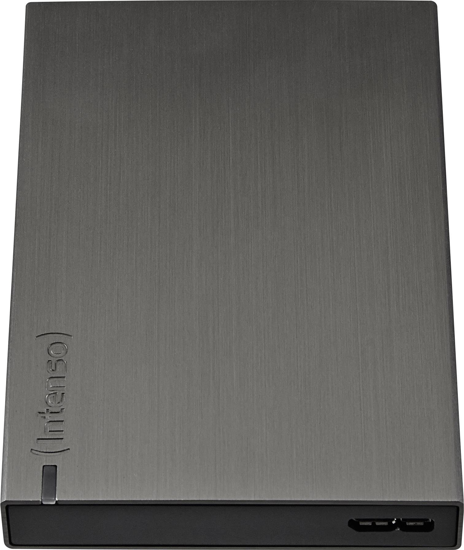 Externí pevný disk s matně černým pouzdrem a USB připojením, značky 'Intenso'.