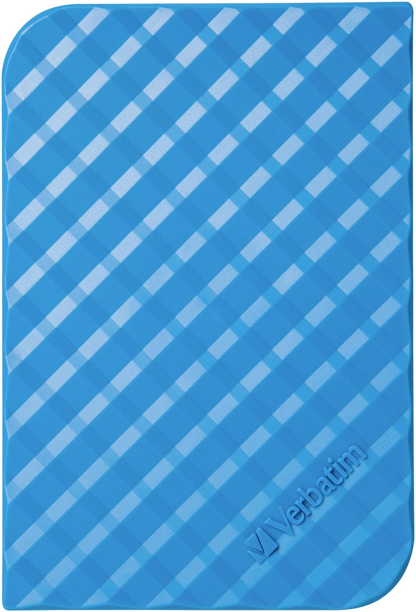 Modrý externí hard disk od Verbatimu s diagonálním vzorem pruhů.