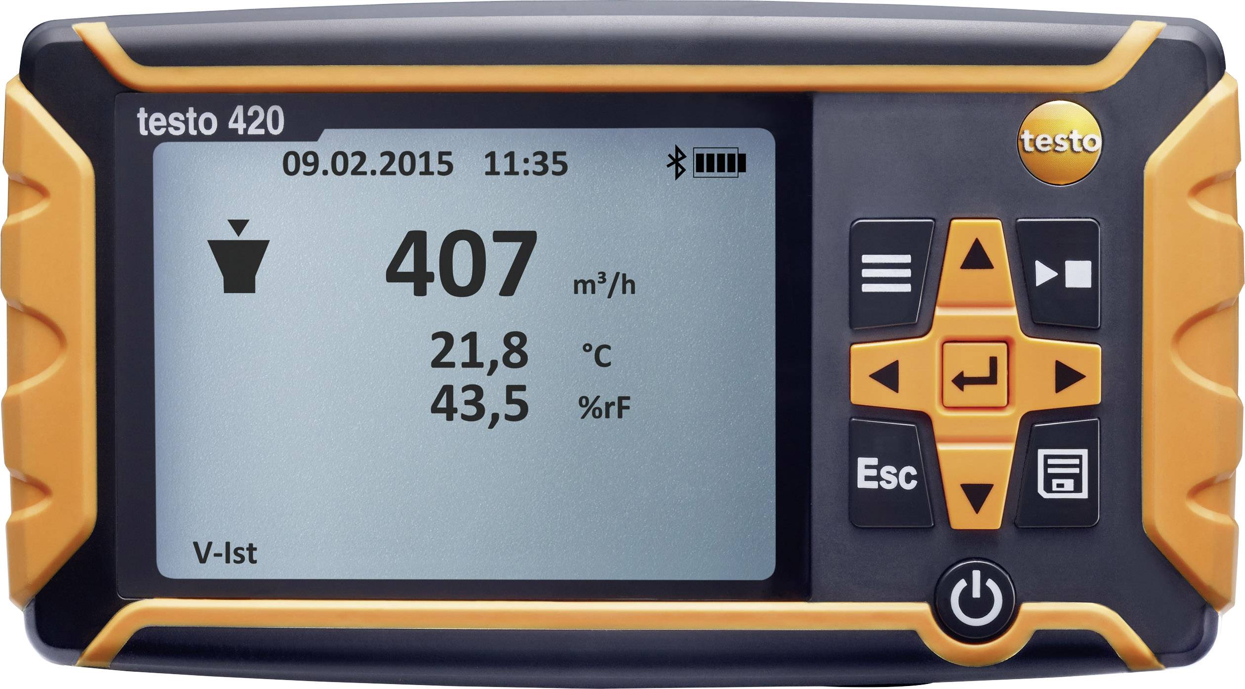 Digitální zobrazovací zařízení s naměřenými hodnotami: 407 m³/h průtok vzduchu, 21,8 °C teplota, 43,5 % relativní vlhkost. Datum 09.02.2015.