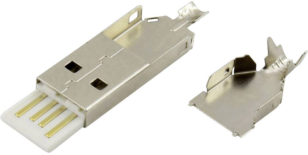 USB konektor, otevřený, ukazuje vnitřní pohled s kovovými kontakty a pouzdrem rozděleným na dva díly.