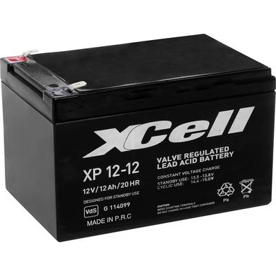 Černý olověný akumulátor značky XCell, model XP 12-12, 12V, 12Ah/20HR. Vyvinutý pro pohotovostní použití.
