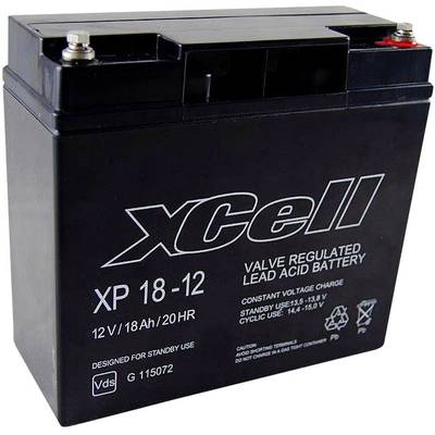Černý olověný akumulátor značky xCell, model XP 18-12, napětí 12 V, kapacita 18 Ah, vhodný pro pohotovostní použití.