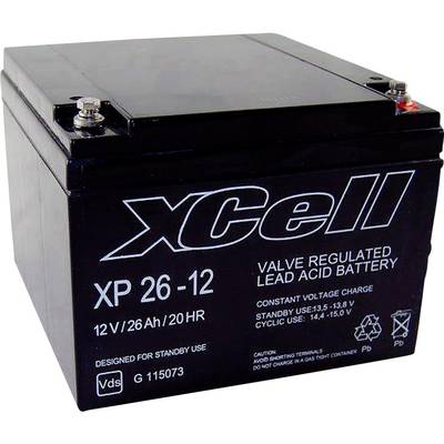 Černý olověný akumulátor s nápisem 'xCell XP 26-12', 12V, 26 Ah, určený pro pohotovostní a cyklický provoz.