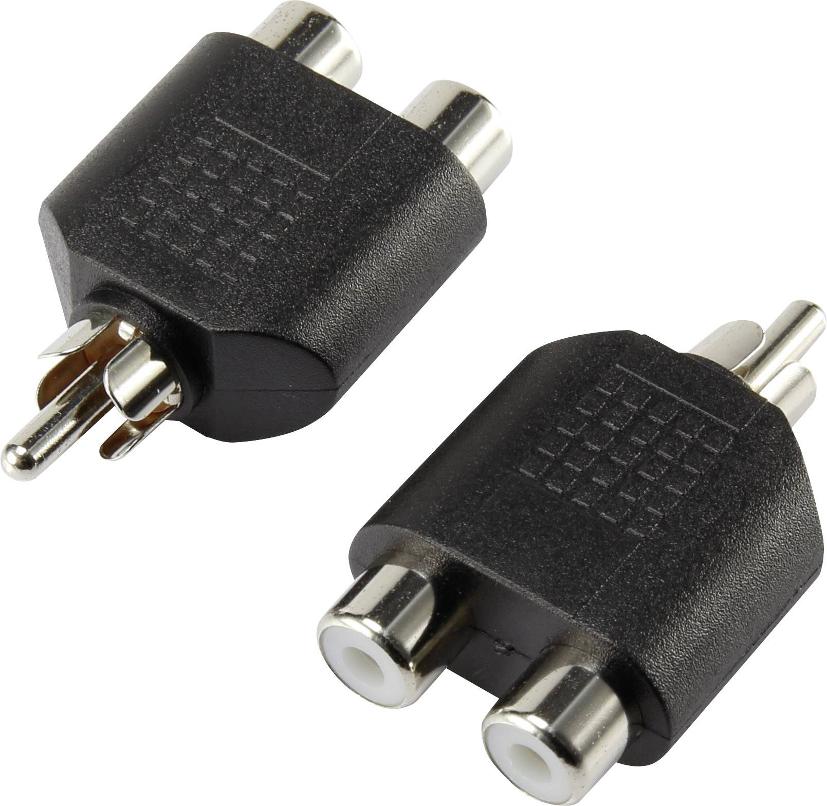 Dva černé audio adaptéry: jeden s jedním konektorem, druhý se dvěma zdířkami, oba určené k propojení elektronických zařízení.