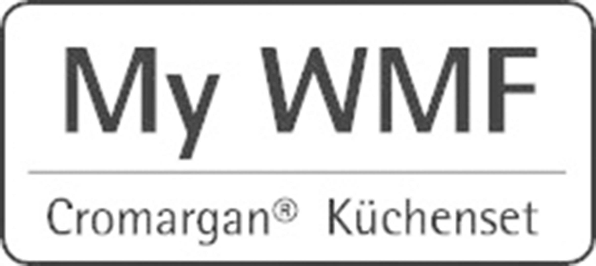 "Moje WMF. Cromargan kuchyňská sada." Logo výrobce kuchyňské sady WMF s názvem značky a údajem o materiálu.