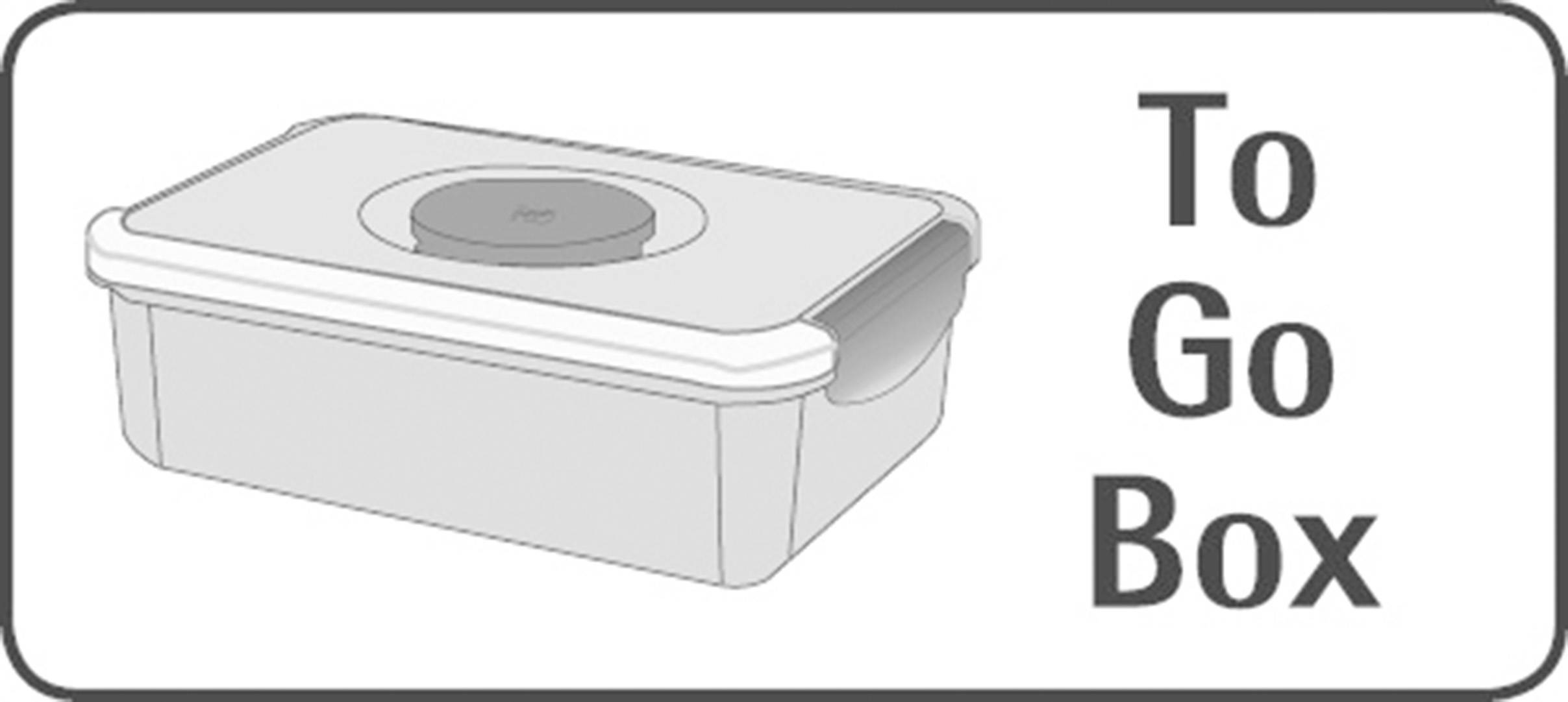 Obrázek obdélníkové jídelní nádoby s víkem a ventilem. Text: 'To Go Box'.