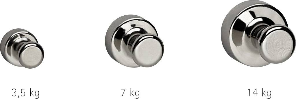 Tři stříbrné magnetické knoflíky v různých velikostech s nápisy '3,5 kg', '7 kg' a '14 kg' ukazují odlišnou magnetickou sílu.