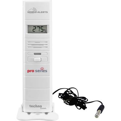 Digitální teploměr s externím čidlem, zobrazuje 27,5°C na malém displeji. Značka 'Mobile Alerts'.