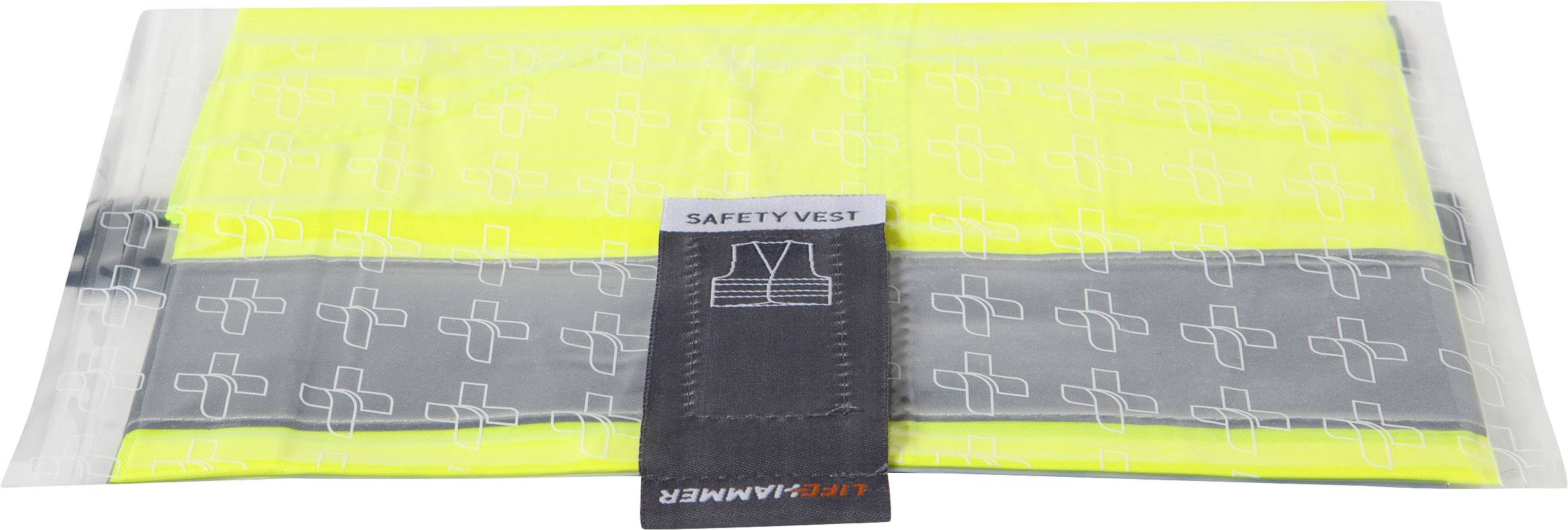 Složená žlutá bezpečnostní vesta s reflexním pruhem a obalem s nápisem 'Safety Vest'.