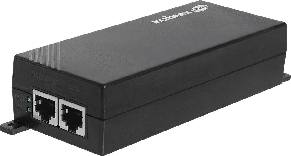 Černý obdélníkový síťový PoE injektor se dvěma ethernetovými porty a indikačními LED diodami na přední straně.