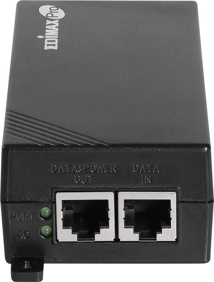Černé zařízení se dvěma ethernetovými porty, označené 'DATA/POWER OUT' a 'DATA IN'. Dvě LED kontrolky indikují stav zařízení.