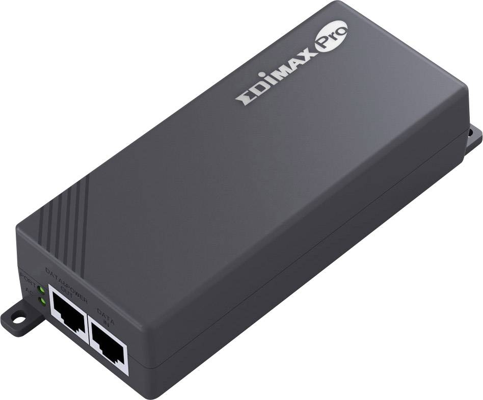 Černý síťový PoE injektor se dvěma ethernetovými porty a nápisem 'EDIMAX Pro' na horní straně.