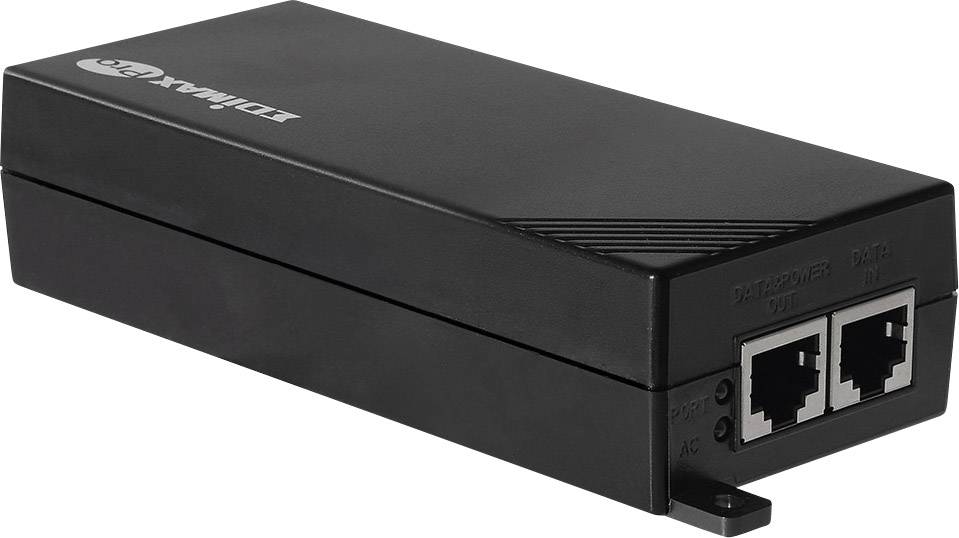 Černý síťový PoE injektor se dvěma ethernetovými porty na přední straně, vhodný pro napájení síťových zařízení přes ethernet.
