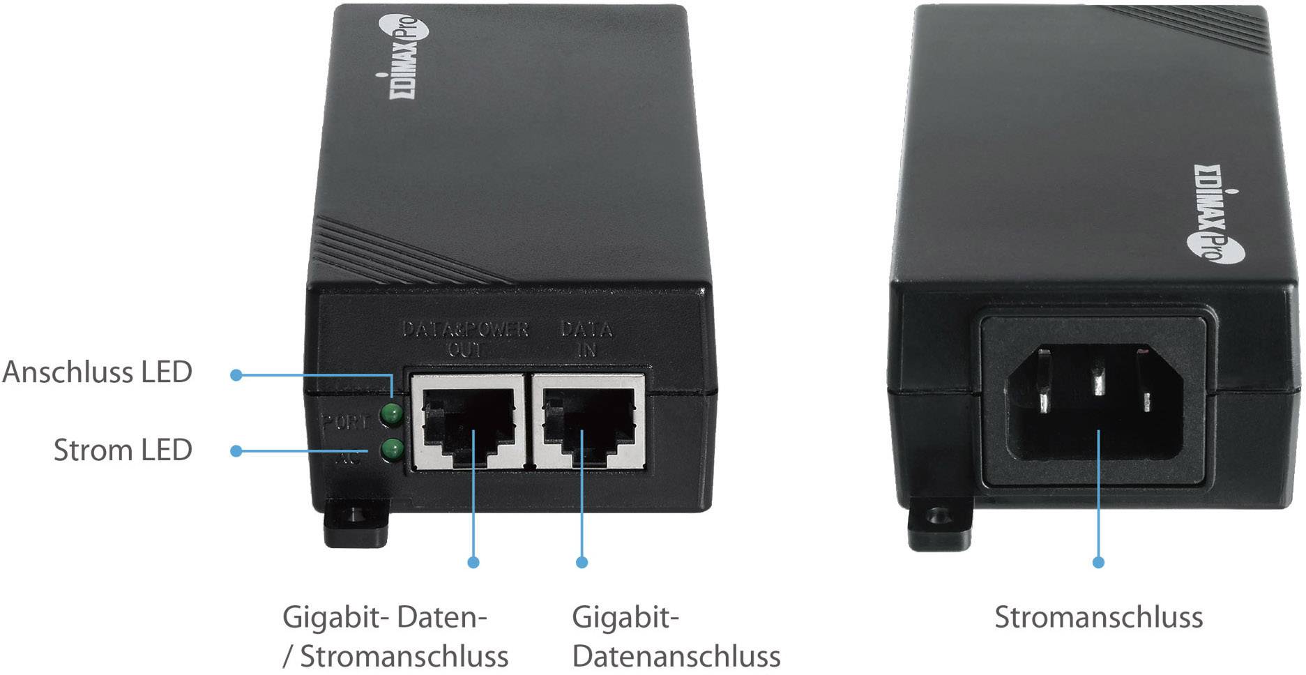 Dva černé síťové zařízení s LED indikátory a konektory, včetně 'Gigabitový datový/napájecí konektor', 'Gigabitový datový konektor' a 'Napájecí konektor'.