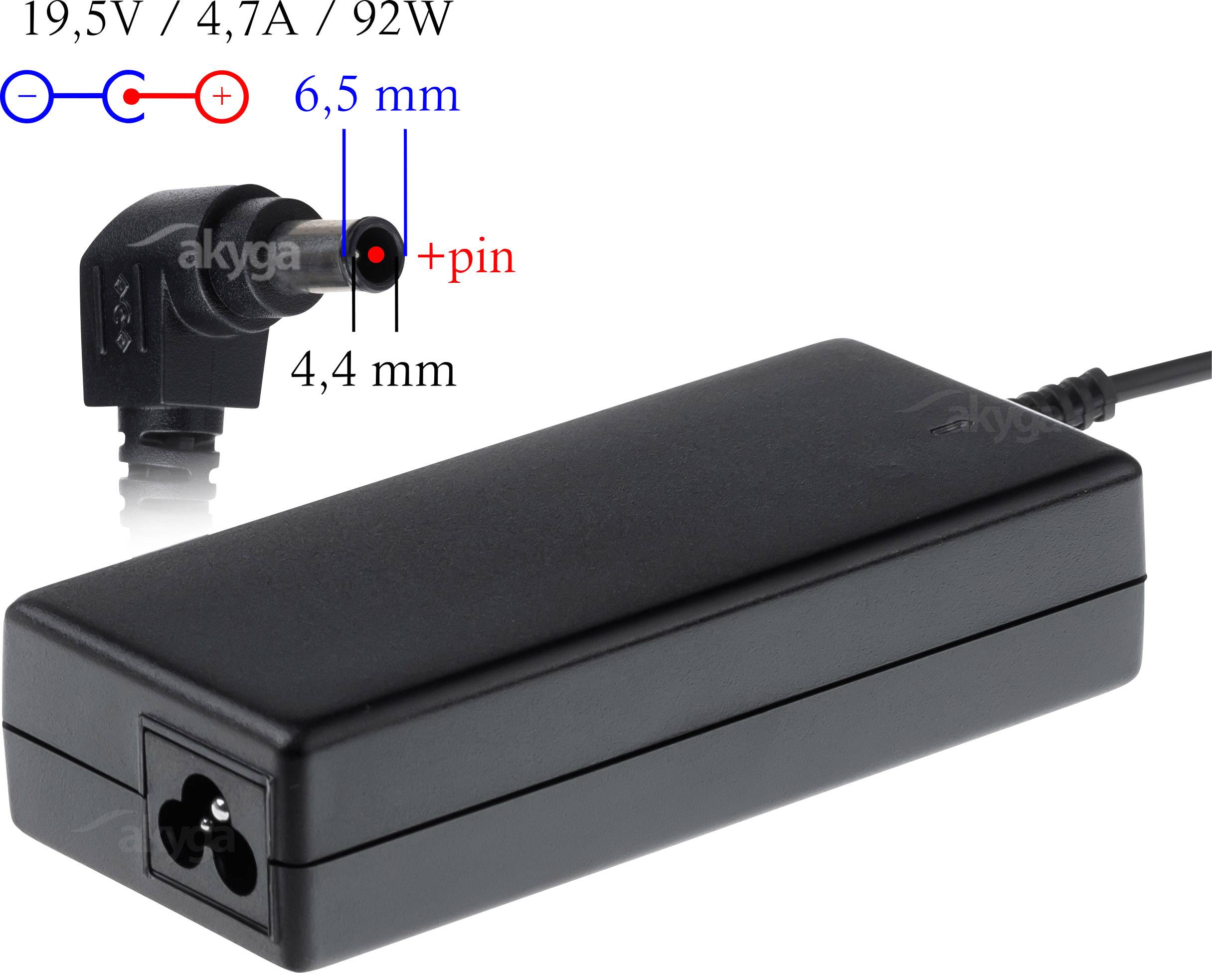 Černý napájecí adaptér s výstupem: 19,5V / 4,7A / 92W. Velikost konektoru: 6,5 mm vnější, 4,4 mm vnitřní, s červeným pinem pro pozitivní nabíjení.