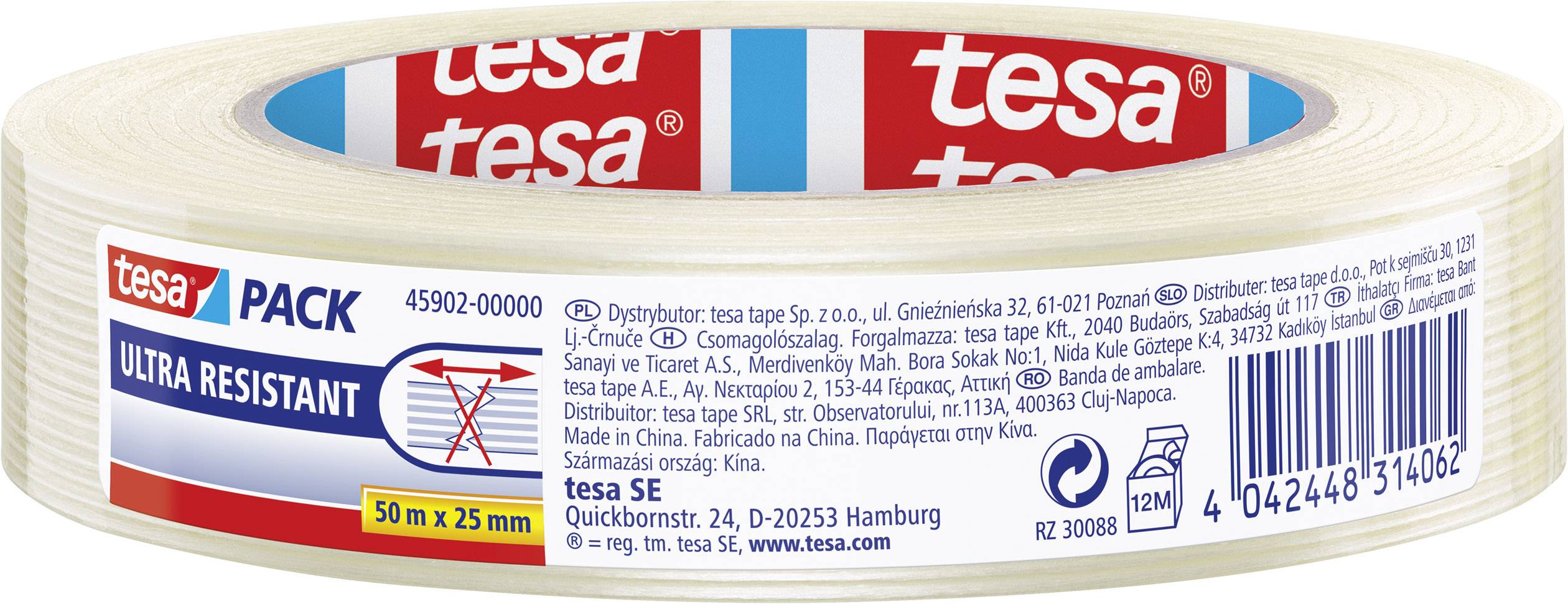 Lepicí role 'tesa PACK Ultra Resistant', 50 m x 25 mm, transparentní barva, vhodná pro silné lepení, včetně informací o výrobci.