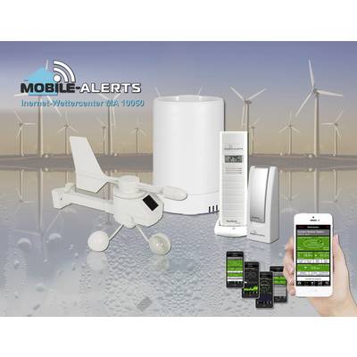 Několik meteorologických stanic a chytrý telefon s aplikacemi počasí před větrnou elektrárnou. Text: 'Mobilní výstrahy Internetové meteorologické centrum MA 10050'.