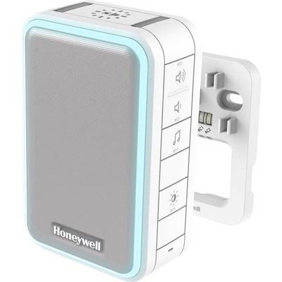 Bezdrátový zvonek u dveří s reproduktorem, osvětleným rámečkem a ovládacími tlačítky po straně; značka Honeywell.