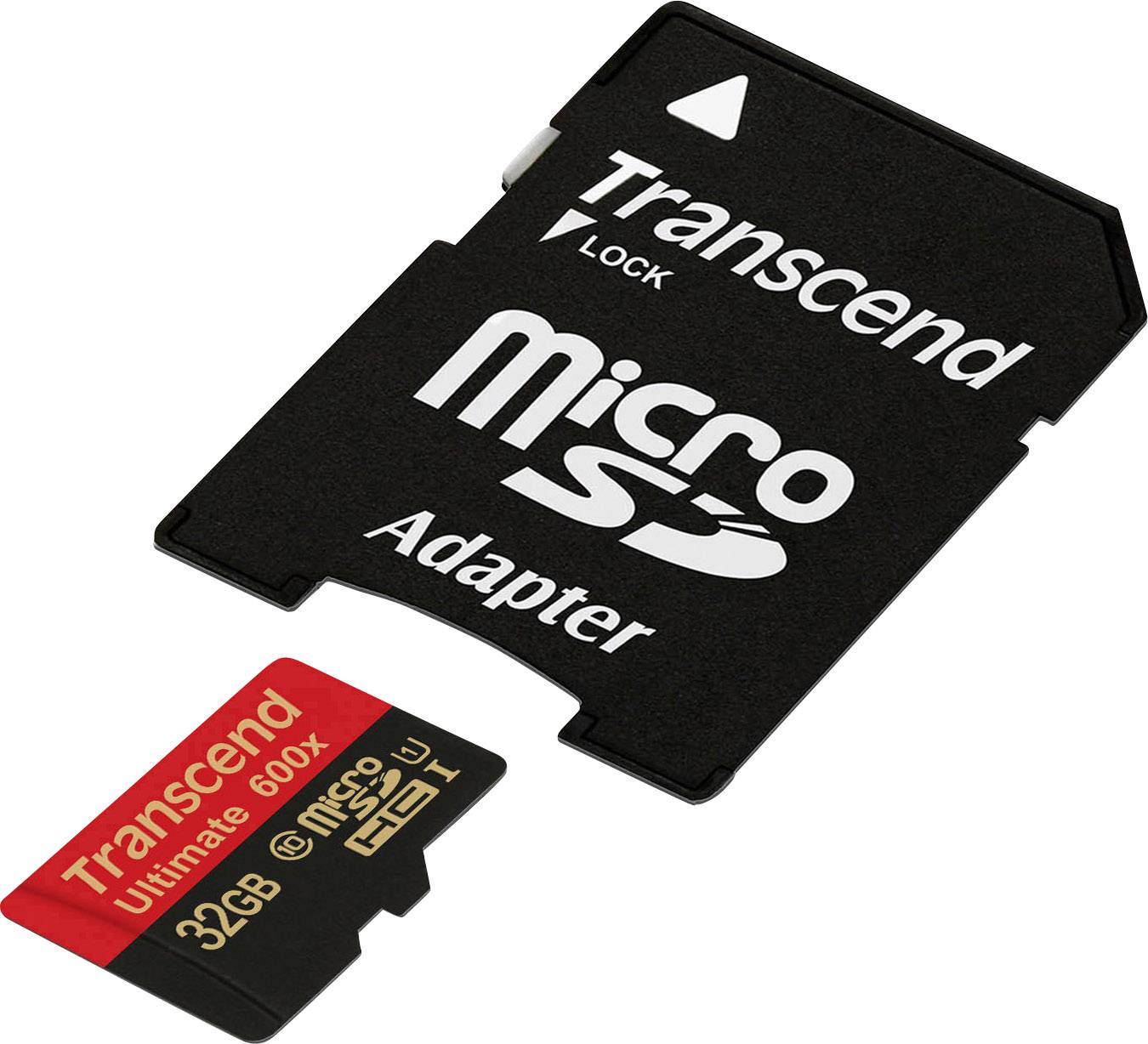 Červená 32GB mikroSD paměťová karta s popiskem 'Transcend Ultimate 600x' vedle mikroSD adaptéru.