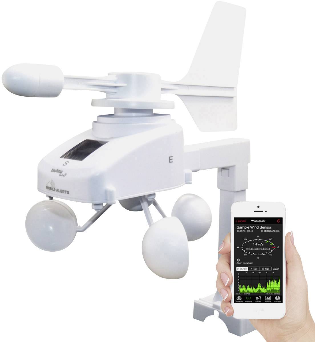 Anemometr se smartphonovou aplikací, zobrazuje rychlost a směr větru. Zařízení má tři polokoulové misky a vrtuli.