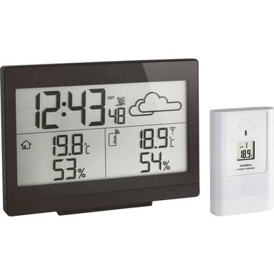 Elektronická meteostanice s displejem zobrazuje čas, datum, symbol předpovědi počasí, vnitřní a venkovní teplotu a vlhkost vzduchu.