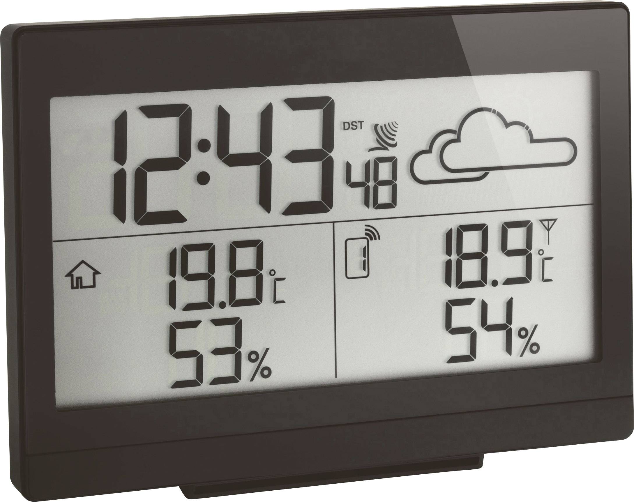 Digitální hodiny s indikací počasí, ukazují 12:43, 19,8°C vevnitř a 18,9°C venku, stejně jako 53% a 54% vlhkosti vzduchu. Viditelný symbol mraků.