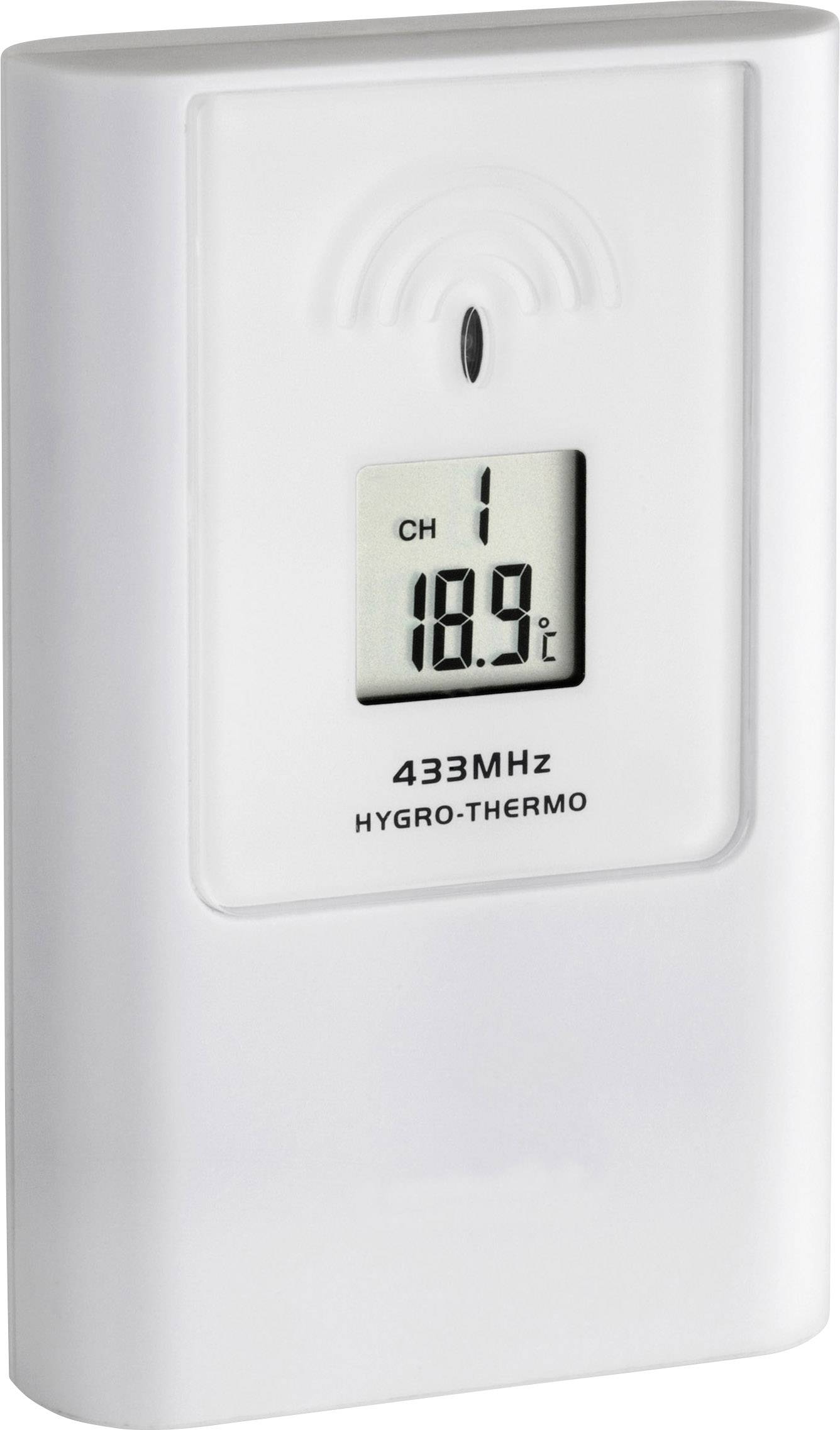 Digitální teploměr-vlhkoměr s displejem zobrazuje '18,9°C'. Plastový kryt, frekvence 433 MHz.