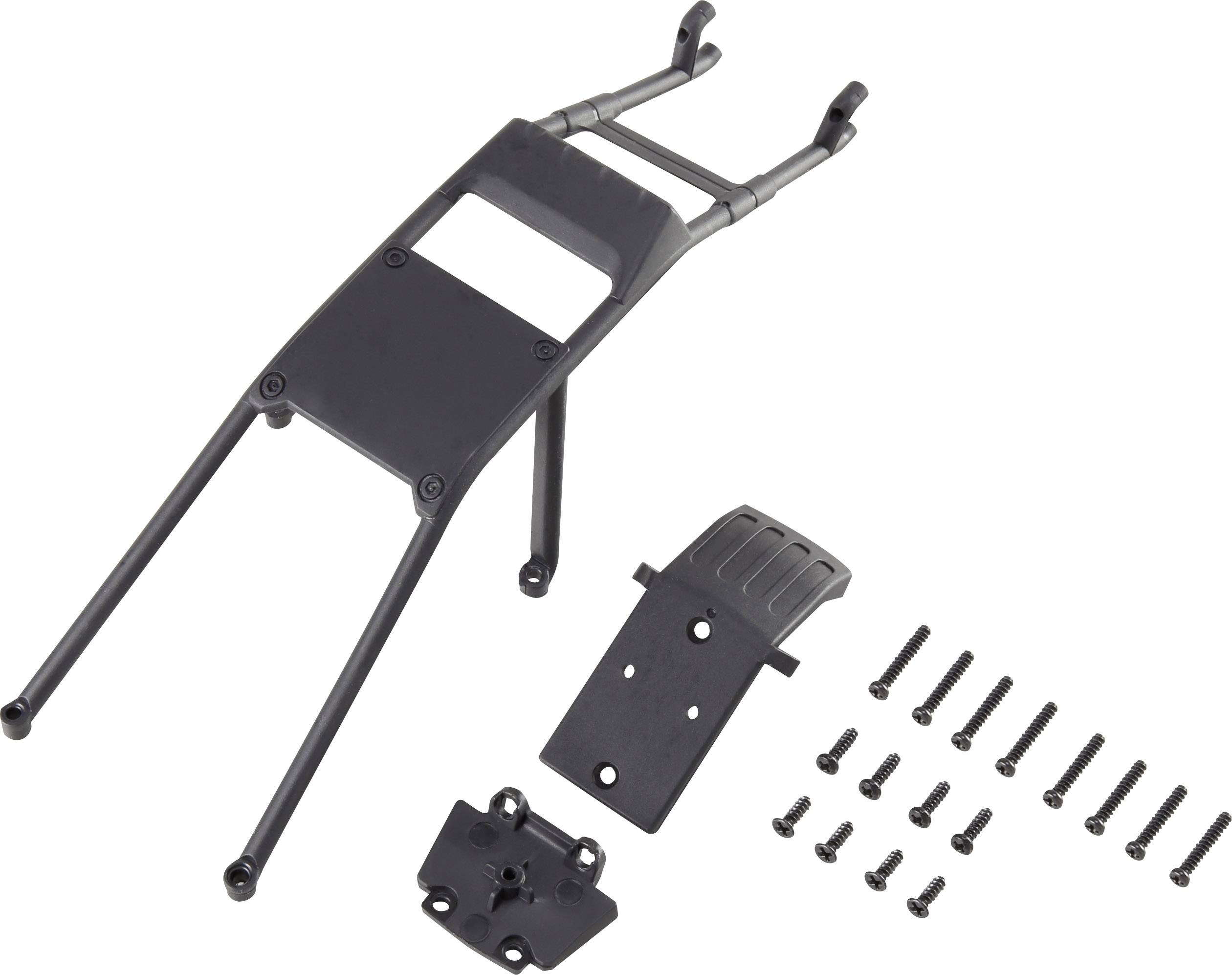 Černý kovový rám a šrouby: Jedná se o sadu držáků a upevňovacích šroubů, pravděpodobně pro model auta.