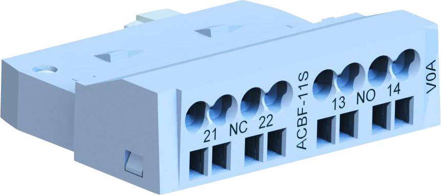 Modrý připojovací blok s několika očíslovanými konektory, označený štítkem 'ACBF-11S', používaný pro elektrické zapojení.