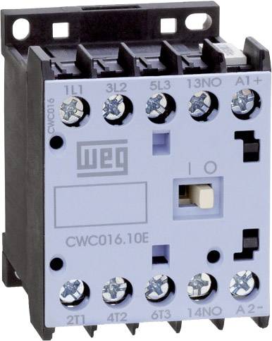 Elektrický stykač značky Weg, model CWC016.10E, s několika připojovacími svorkami. Hlavní barva je modrá s černým pouzdrem.
