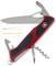Kapesní nůž s červenou rukojetí zobrazující různé vyklopené nástroje: čepel, vývrtku, otvírák na konzervy a další.