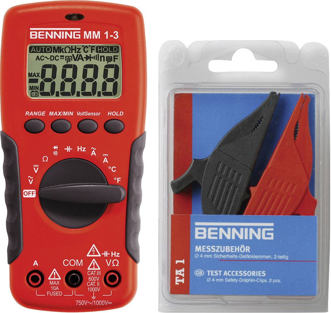 Benning MM 1-3 + Set TA 1 digitální multimetr, CAT II 1000 V, CAT III 600 V, Displej (counts): 2000