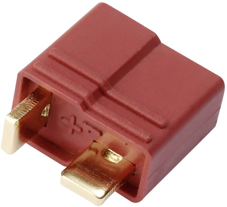 Červený T-konektor se dvěma zlatými kontaktními kolíky, často používaný pro připojení v RC modelech a elektrických zařízeních.