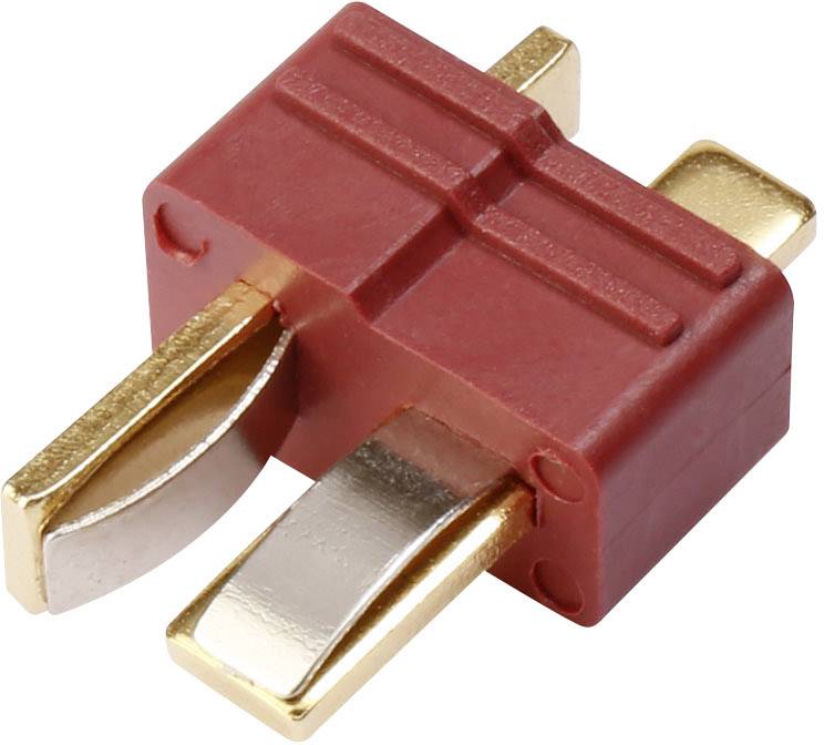 Červený a zlatý dvojitý konektor s obdélníkovým pouzdrem a třemi kovovými kontakty. Používán především pro elektrické spoje.