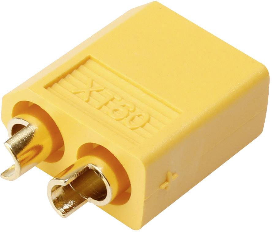 XT60 konektor žluté barvy se dvěma kovovými kolíky, často používaný pro připojení v RC modelech, dronech a bateriích.