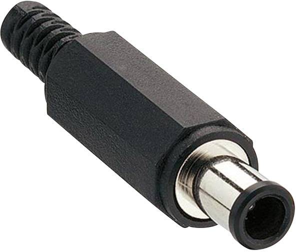 Černý napájecí konektor DC s kovovým hrotem leží na bílém pozadí. Často se používá pro elektronická zařízení.