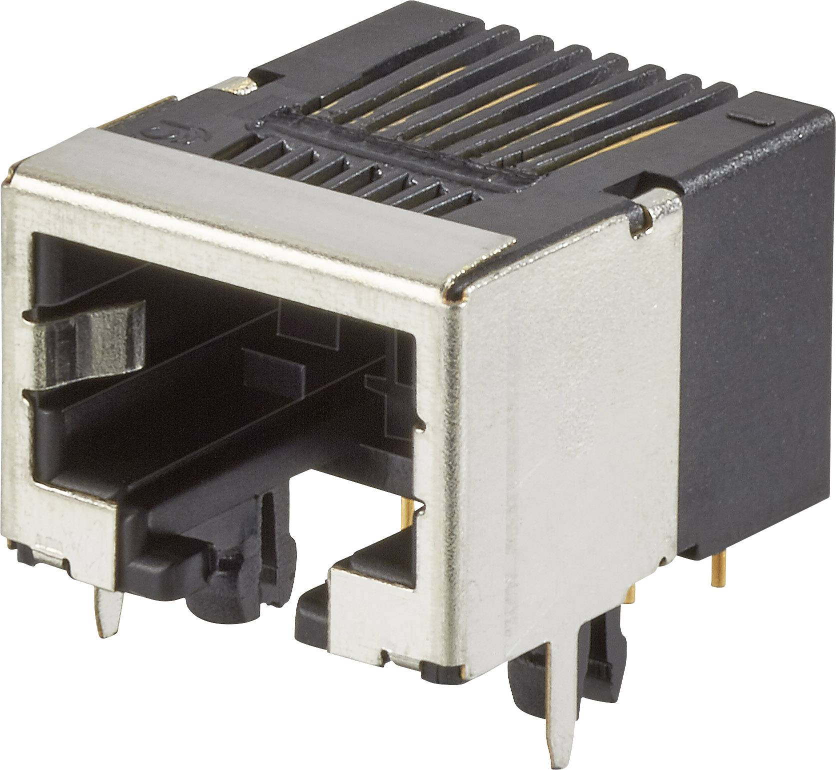 Ethernetový konektor s kovovým stíněním a plastovou obálkou. Disponuje několika kontaktními kolíky pro montáž.