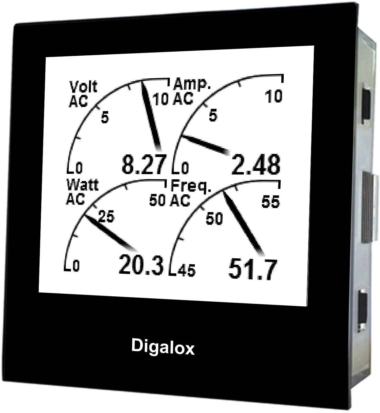 Digitální měřicí přístroj zobrazuje napětí, proud, výkon a frekvenci: 'Volt AC 8,27', 'Amp AC 2,48', 'Watt AC 20,3', 'Freq. AC 51,7'.
