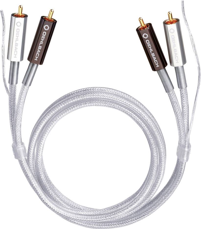 Transparentní cinch kabel se dvěma konektory na každé straně, v bílé a černé barvě, určený pro audiokonekci.