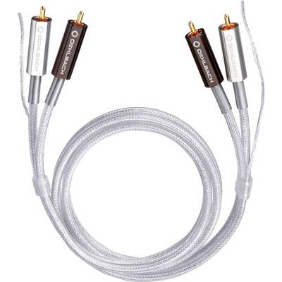 Transparentní cinch kabel se dvěma konektory na každé straně, v bílé a černé barvě, určený pro audiokonekci.
