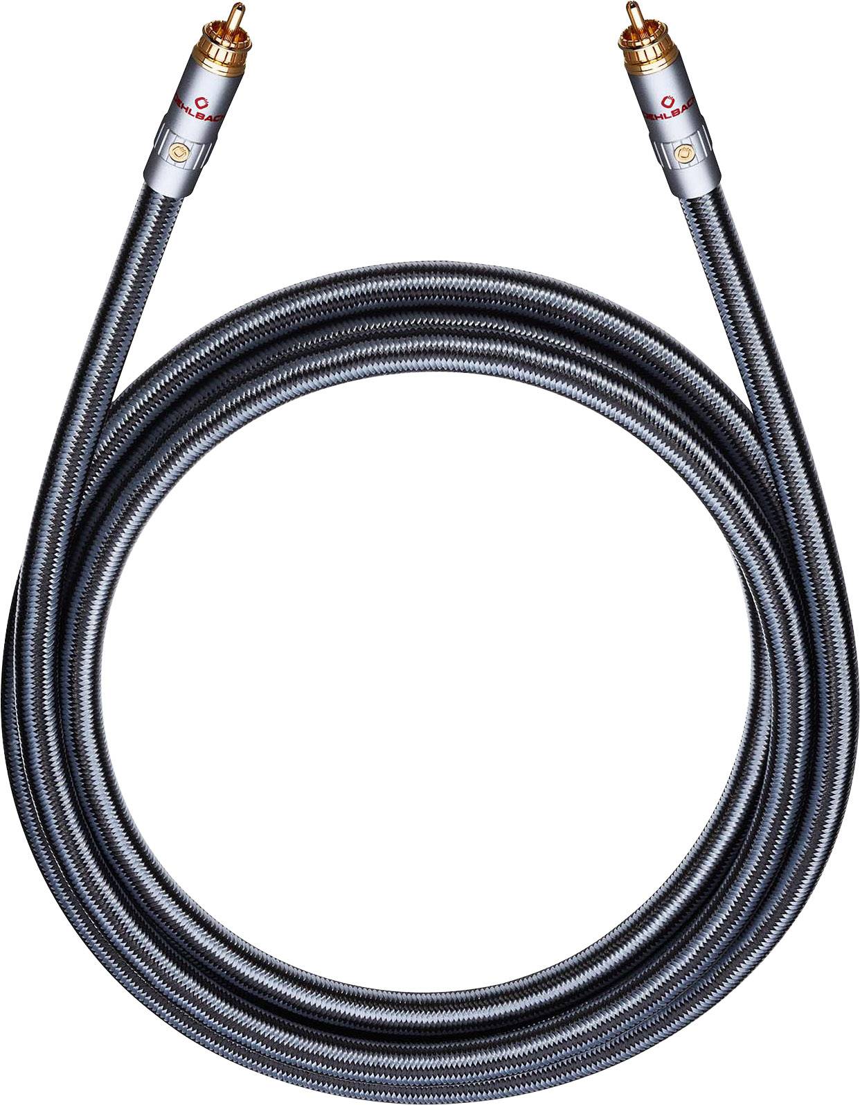 Černý reproduktorový kabel se zlatými konektory, koaxiální konstrukce se stříbrnými detaily, na obou koncích opatřený svorkami.