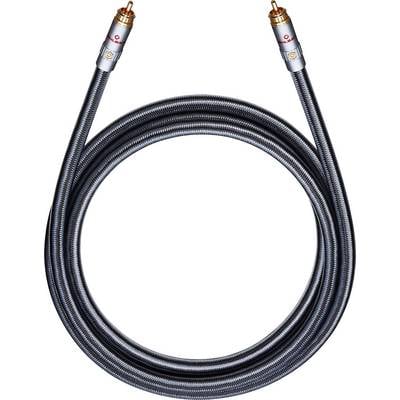 Černý reproduktorový kabel se zlatými konektory, koaxiální konstrukce se stříbrnými detaily, na obou koncích opatřený svorkami.