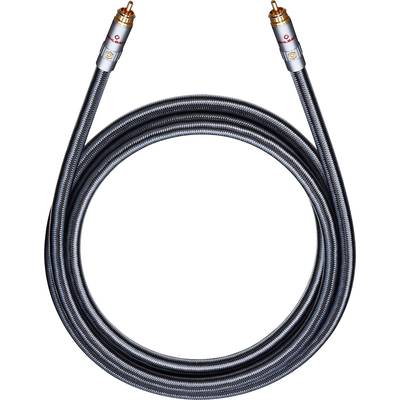 Dlouhý stříbrný audio kabel se dvěma konektory na koncích, vhodný pro připojení high-fidelity audia.