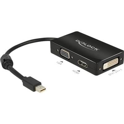 Černý adaptér s mini DisplayPort konektorem a třemi porty: VGA, HDMI a DVI. Vhodný pro video přenosy.