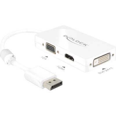 Adaptér s konektorem DisplayPort a vstupy pro VGA, HDMI a DVI 24+1 zásuvky. Bílé provedení, kompaktní design.