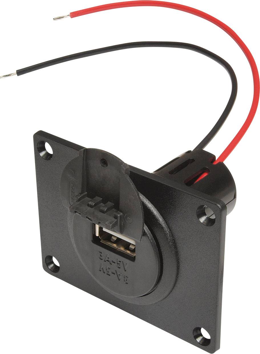 Černá USB nabíjecí zásuvka se dvěma vyčnívajícími kabely, červeným a černým, pro napájení. Vhodná pro vestavbu do zařízení.